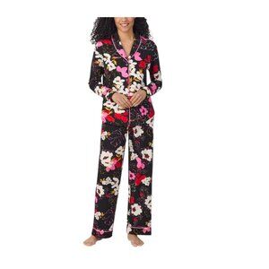 Room Service Black Floral Women's Shawl Collar Pajama Set NWT